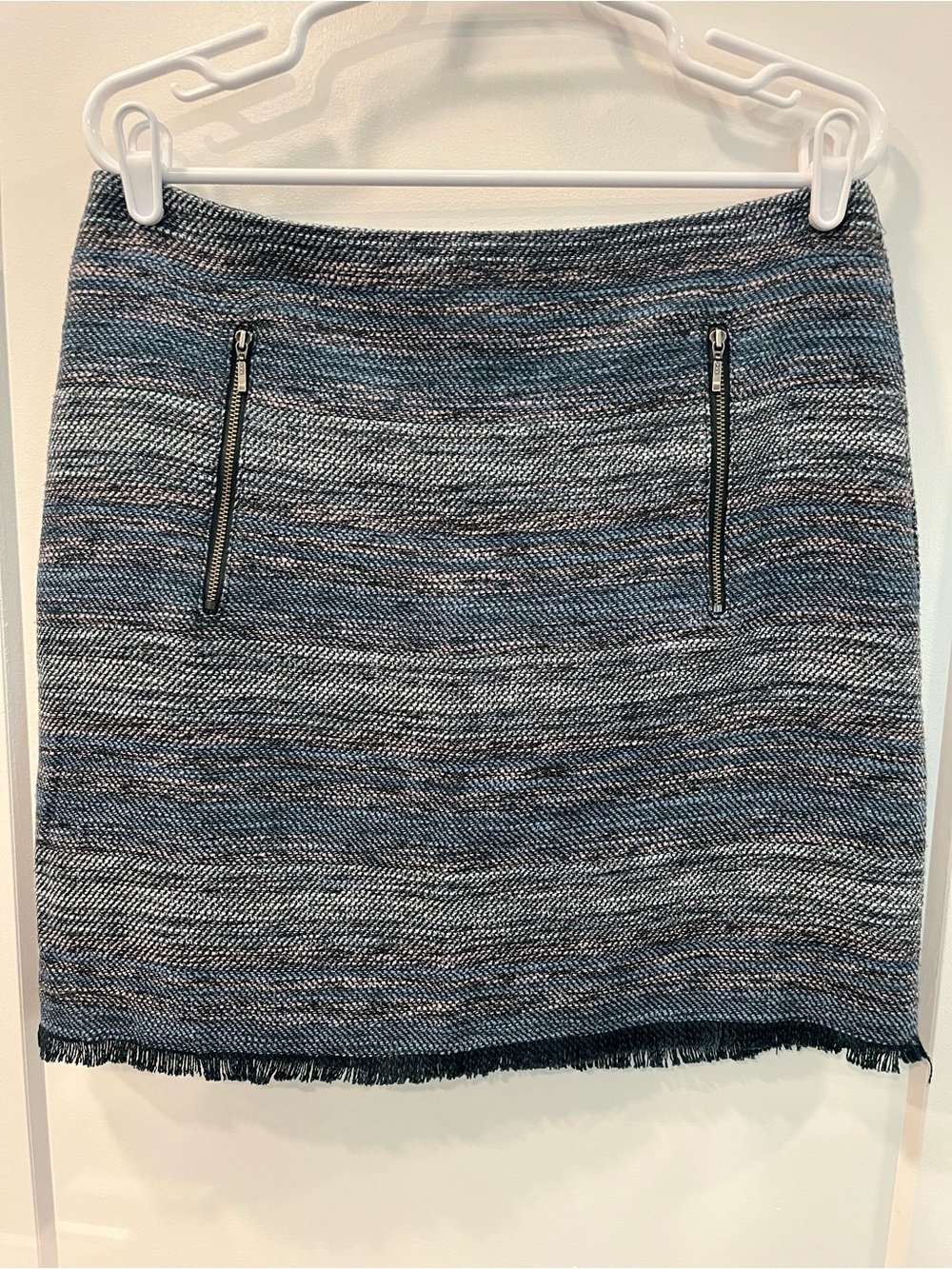 LOFT Blue Multi-Striped Tweed Mini Skirt with Zip Pockets